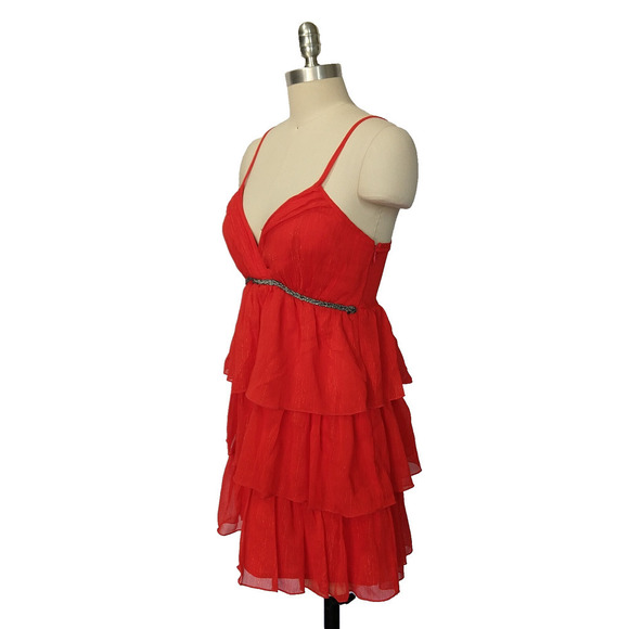 Vintage Y2K Red Mini Dress Size S Bebe Ruffle Tiered Sparkle HoCo Sweetheart - Picture 4 of 8